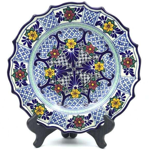 Talavera Pottery Mexican Hand Painted Plate Dish Blue Geo Floral Vintage Signed - Picture 1 of 10